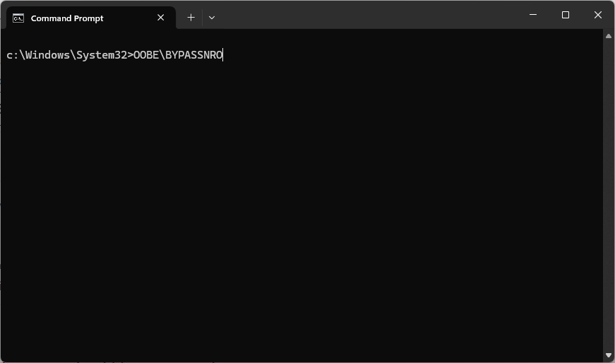 Shift + F10 to open Command Prompt OOBE\BYPASSNRO