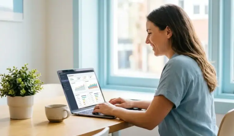 Small business owner using the best SEO tools on a laptop showing keyword and ranking data