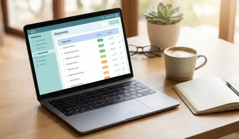 KWFinder review: keyword research app showing keyword list, difficulty score and search volume on a laptop
