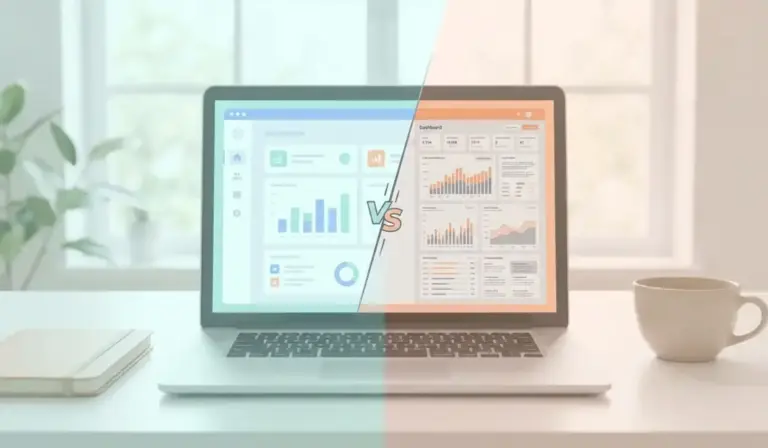 Mangools vs Ahrefs comparison: a simple SEO dashboard versus a data-heavy dashboard on a laptop
